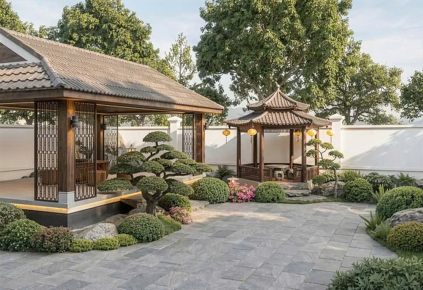 Sân vườn biệt thự và chòi gỗ