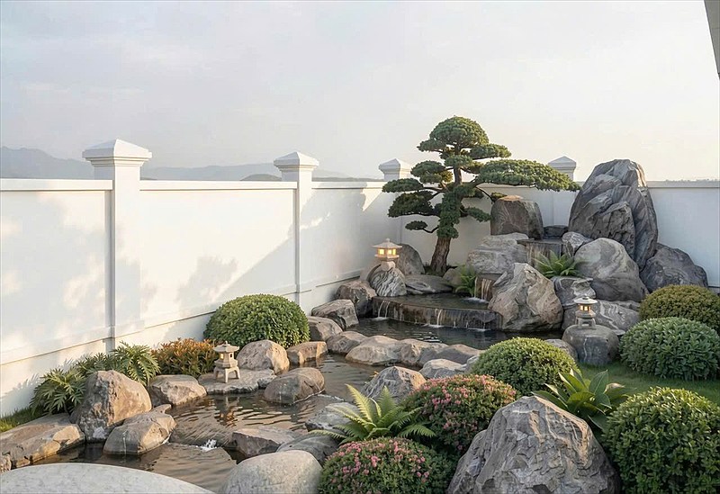 Tiểu cảnh hồ cá Koi và tùng La Hán